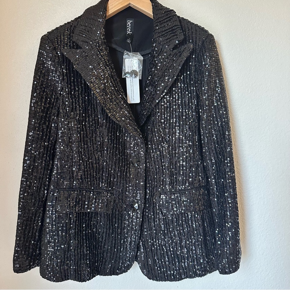 Berek Black Sequin Blazer Cocktail Button Pockets Festive Evening Womens S 4/6/8